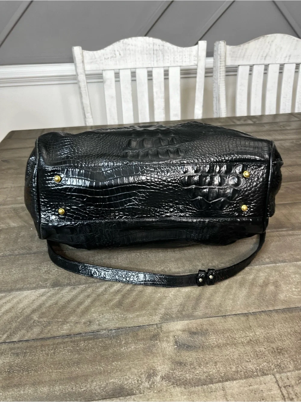 *BRAHMIN* Black Elisa Melbourne Croc-Embossed Leather Satchel Shoulder Bag